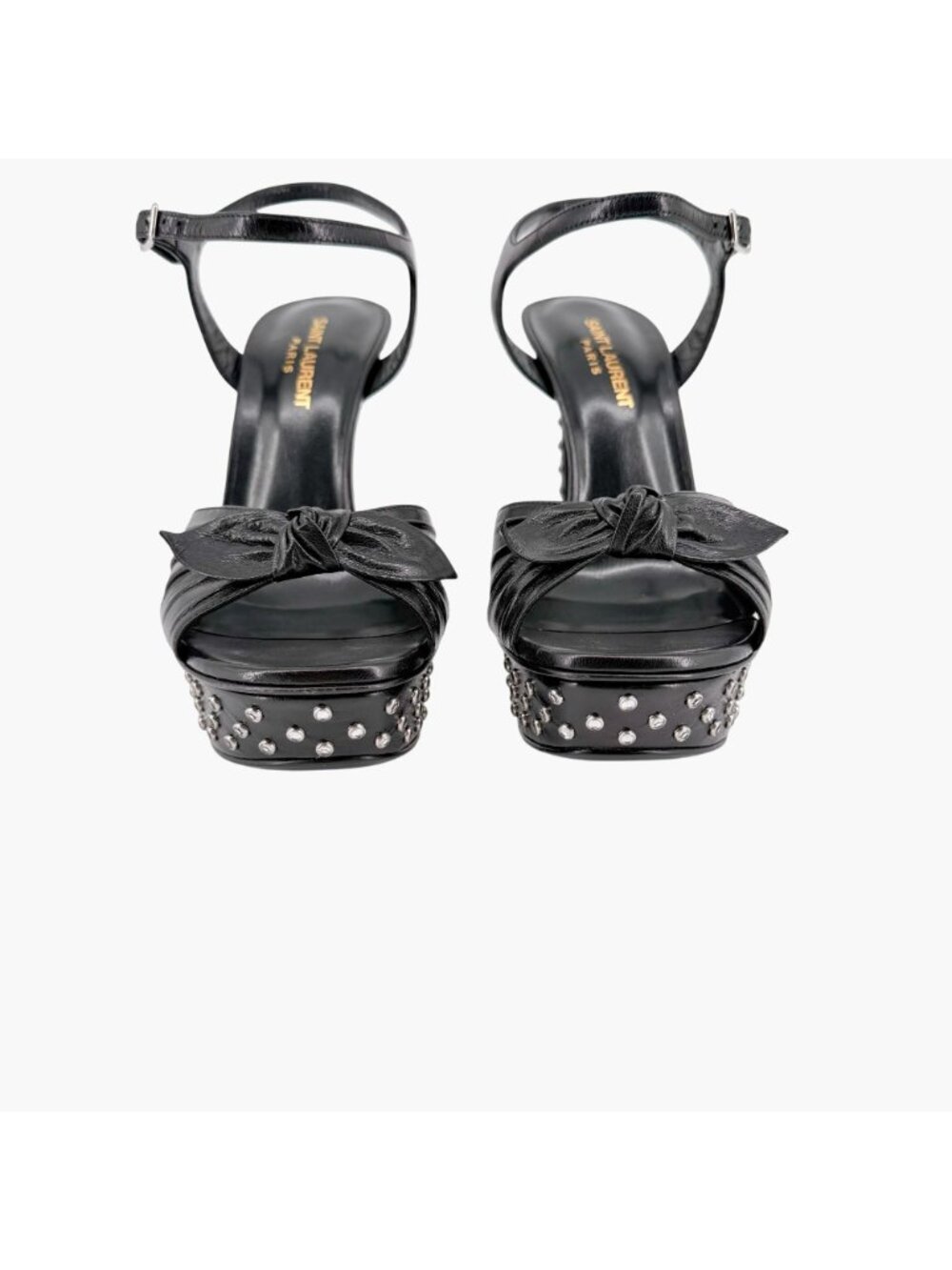 Saint Laurent Crystal Platform Sandals Heels Black Leather Size 39.5 US 9.5 Bow - Picture 6 of 16